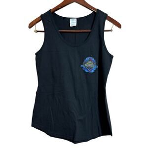 Corona Tank Top Ring Spun Women’s Size Large Black Tropical Print Logo Beachy